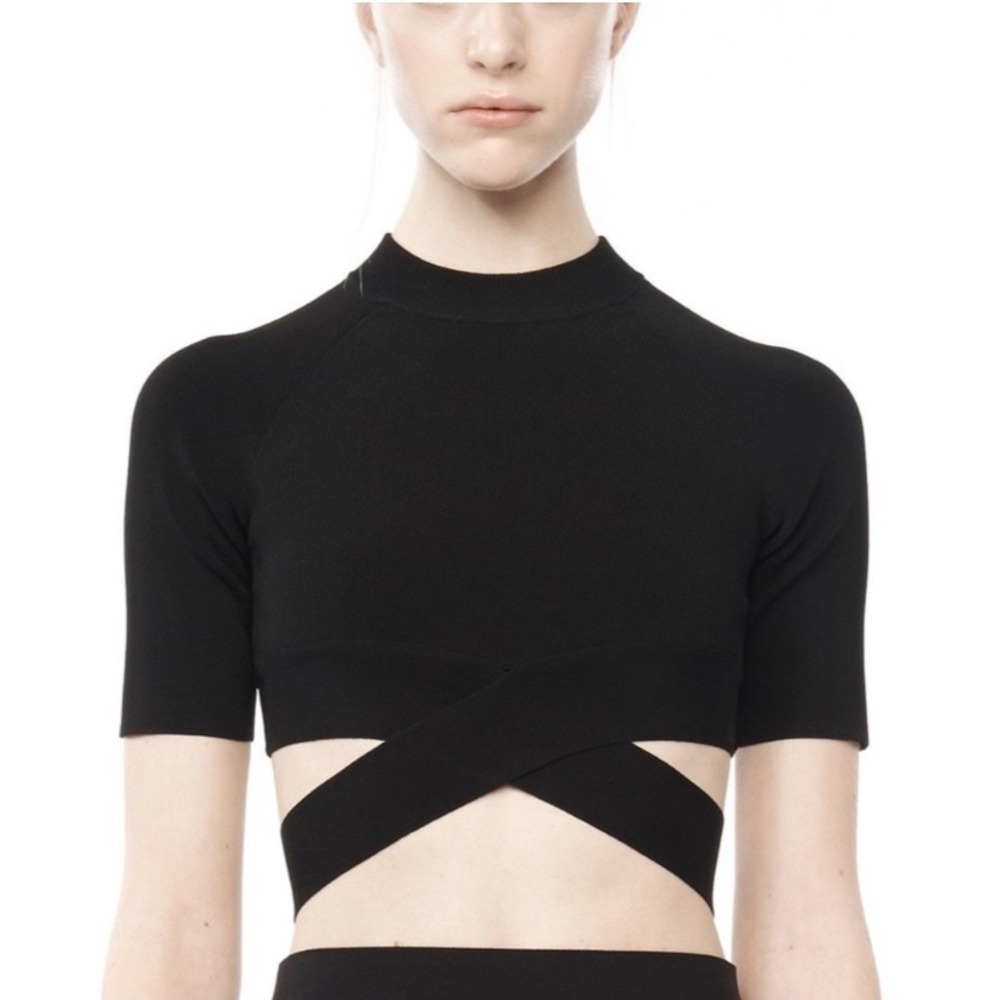 T by Alexander Wang Black Ribbed Knit‎ Wrap Waist Crop Top Short Sleeve Large